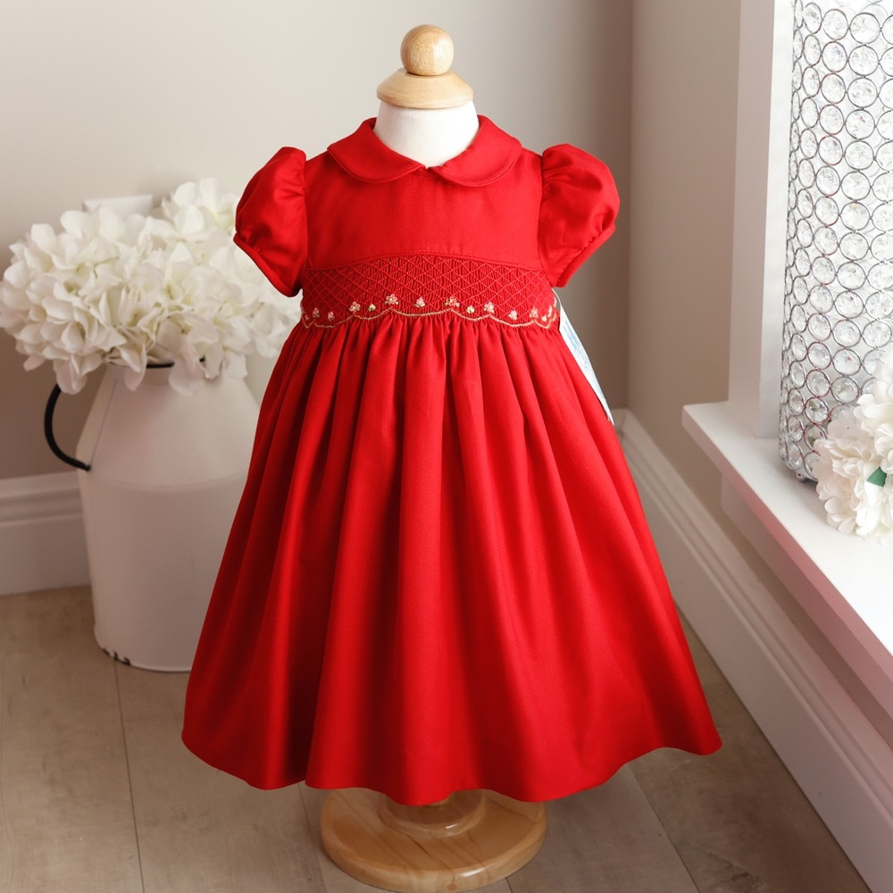Girls Red Smocked Dress Size 18 Months Embroidery Luli & Me Short Sleeve NWT